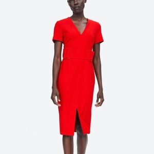 Zara Red Pencil Belted Midi Dress